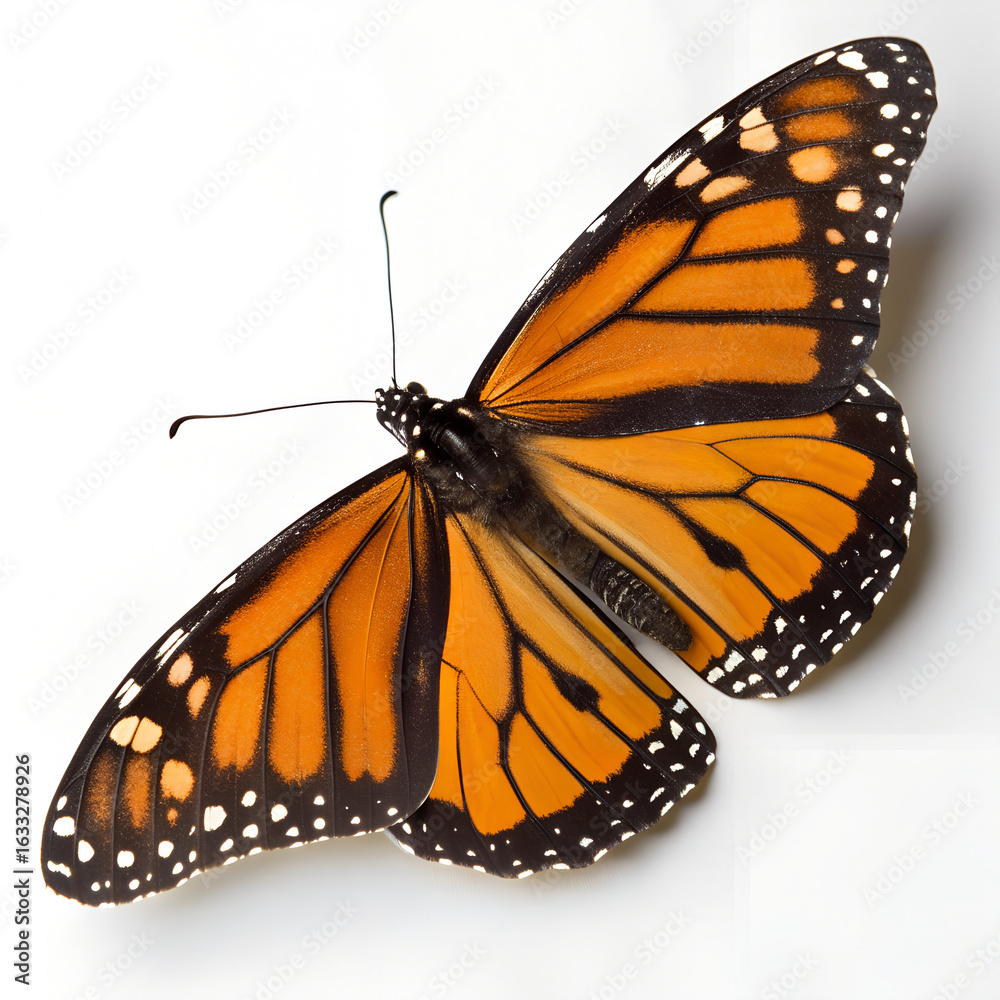 Fototapeta premium Macro of Monarch butterfly isolated on white background, top view