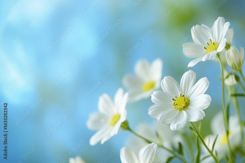 Fototapeta premium White flowers in soft focus against a light blue background