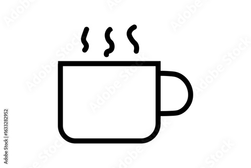 The image features a simple, black-and-white icon of a hot beverage mug. The mug has a square-like body with rounded corners and a handle on the right side.