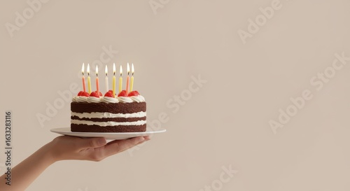 Illustration of hand holding a birthday cake with candles lit on a plate, ready to celebrate