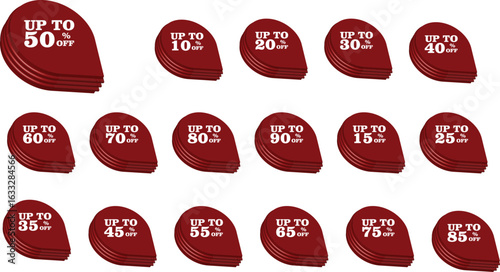 Red Discount Tags Collection – Up to 10%–90% Off Promotional Labels for Retail Sales and Online Shopping Offers