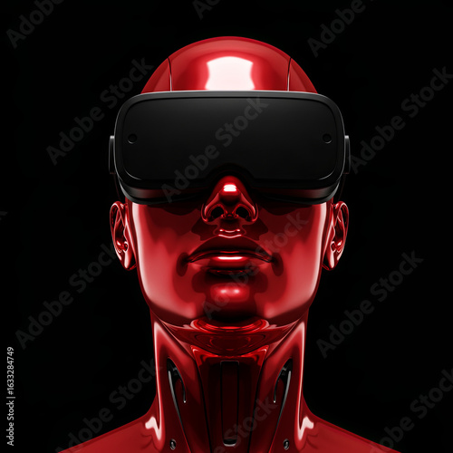 Shining Red Chrome VR Cyborg Floating in Cinematic Dark Space