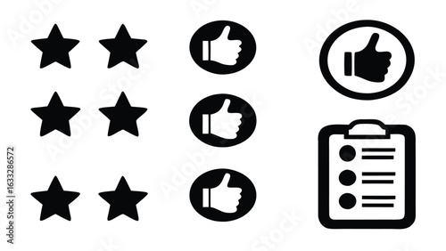 Rating Stars and Customer Feedback Elements: Vector Icon Set for Reviews, Surveys, and User Satisfaction, isolated on white background.               