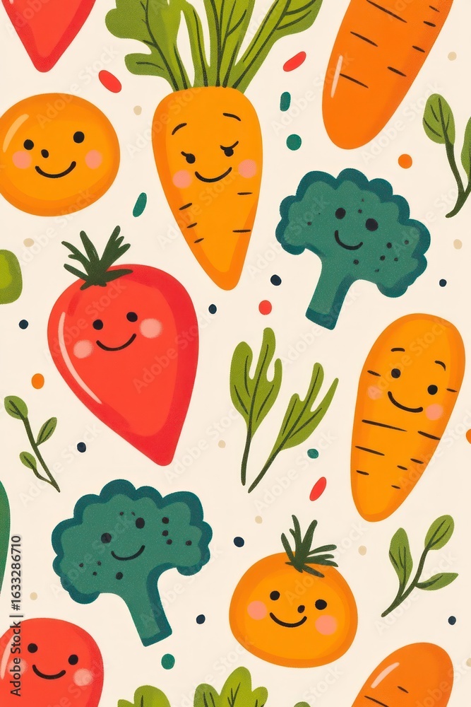 Fototapeta premium Cute cartoon vegetables on beige background