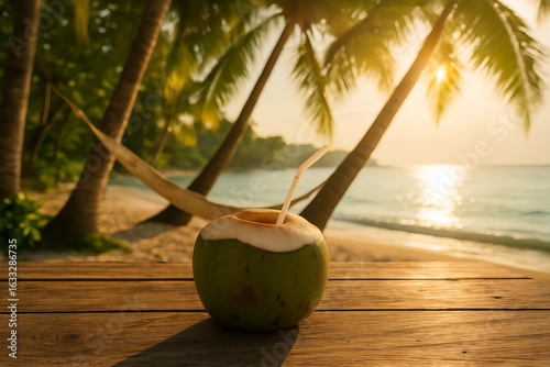 Fresh Coconut Water with Straw on a Wooden Table in a Paradise Setting, Tropical Destination.