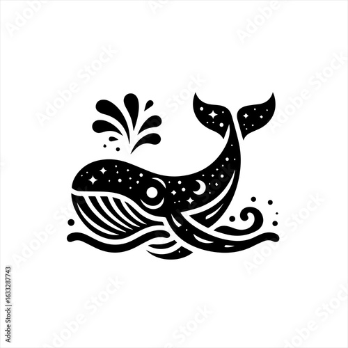 Celestial Whale Spouting Water Under Moon and Stars.