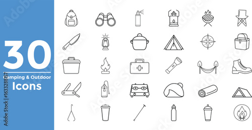 30 Camping and Outdoor Activity Line Icons Collection vector illustration