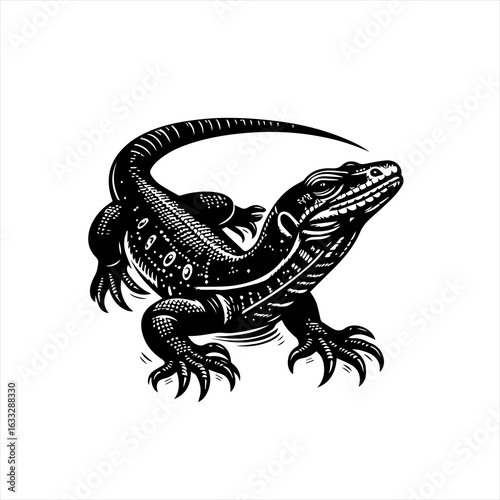 Detailed Black and White Illustration of a Lizard.