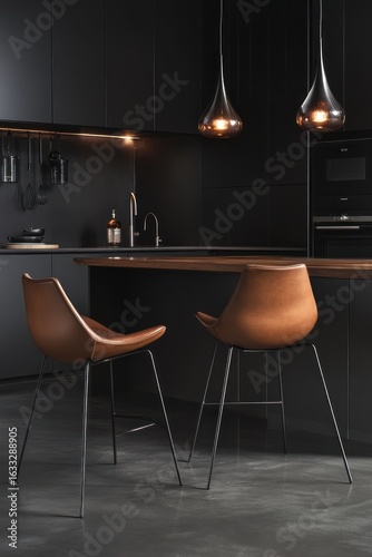 Dark modern kitchen with tan barstools.  Contemporary, sleek design with dark gray cabinetry, a light brown countertop, and two tan leather barstools.  