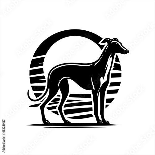 Elegant Greyhound Silhouette Against Stylized Sun.