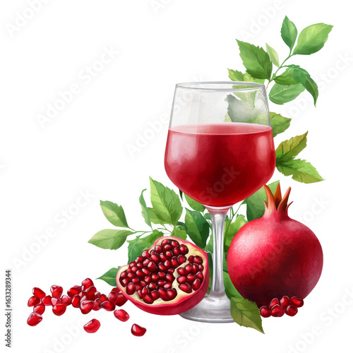 Refreshing pomegranate juice with fresh fruit and leaves