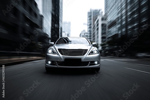 Silver car moves through urban cityscape