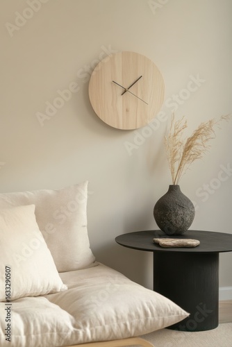 Beige-toned room with a simple wooden clock