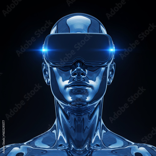 Minimal Dark Portrait of Floating Blue VR Cyborg Vision