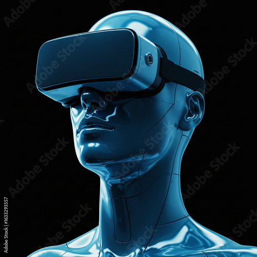 Chrome VR-Eyed Cyborg Floating in Cinematic Minimalist Portrait Scene