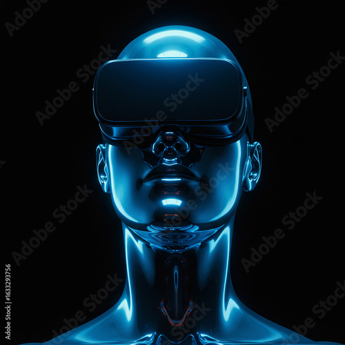 Futuristic Blue-Chromed Cyborg Floating in Extreme Closeup Minimal