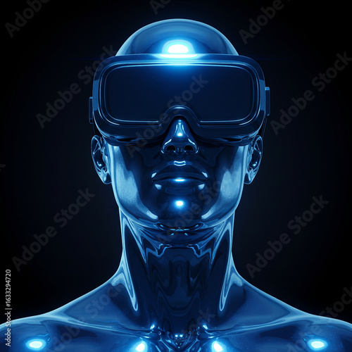 Title: Shining Chrome Cyborg Floating in Futuristic Minimal Dark Space