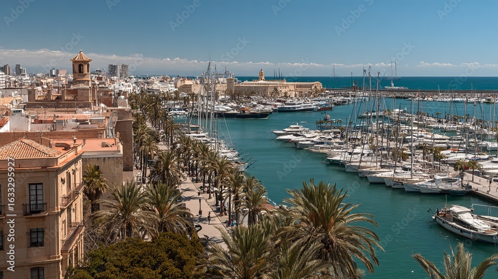 Fototapeta premium Panoramic view of a Mediterranean harbor city with buildings, palm trees, and yachts