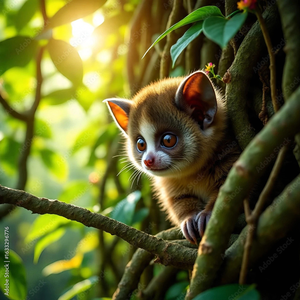 Fototapeta premium A slow loris hidden among tropical vines, peeking out as golden sunlight breaks through the canopy.