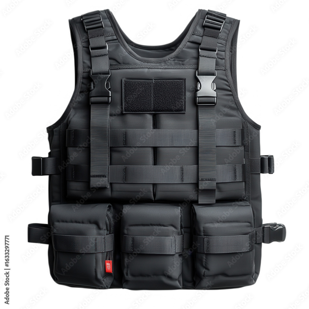 Fototapeta premium Tactical vest with multiple pouches and molle system for military police or security personnel isolated on transparent background