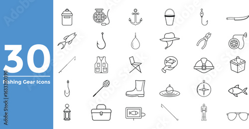30 Essential Fishing Gear Icons Set Line Art Style collection