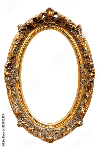 Antique ornate oval frame with decorative details on white background. 