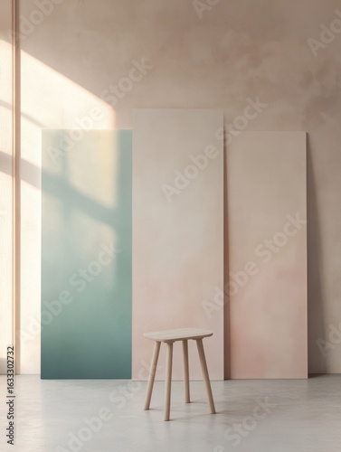 Minimalist interior scene with light-wood table and pale panels. Sunlight streams in