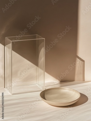 Empty acrylic display case and light beige plate on a light wooden surface, sunlit