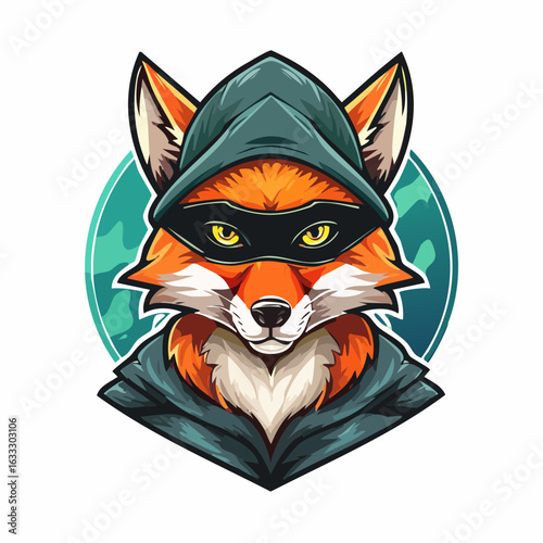 A stylized illustration of a fox's head with a cunning gaze, wearing a black eye mask and a beanie hat. This design is perfect for a brand mascot, logo, or emblem for a security, stealth-focused, or m