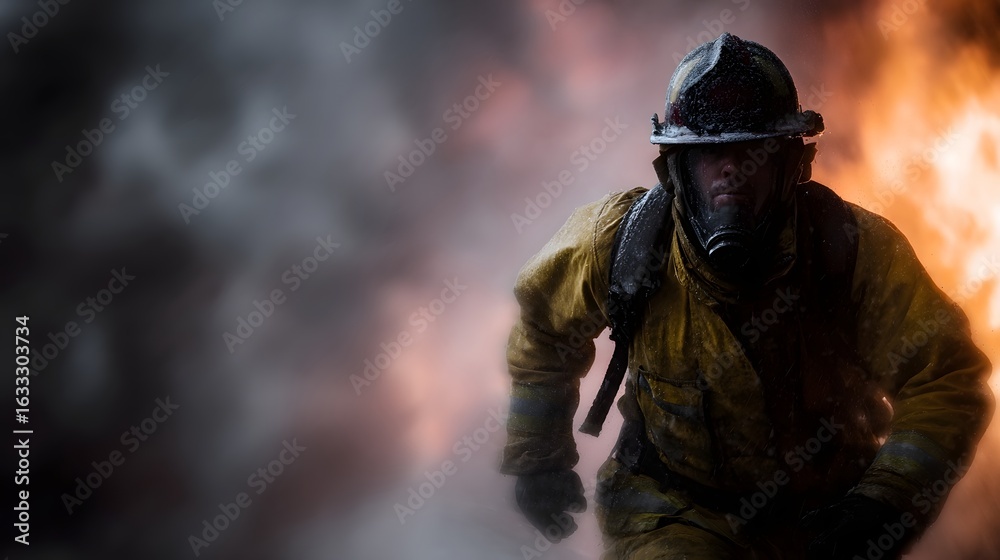 Fototapeta premium Firefighter rushing to extinguish a raging blaze