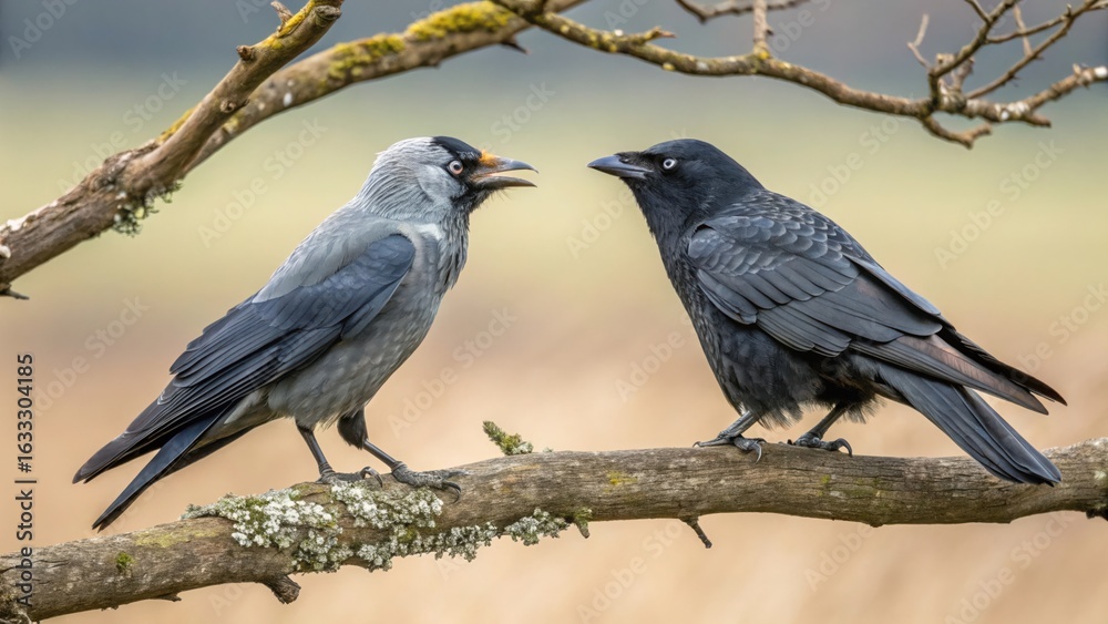 Two eurasian jackdaws perched on a mossy branch in a natural setting