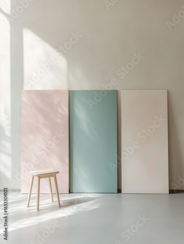 Simple room with light wood stool and pastel panels