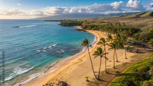 Aerial view of a tropical beach with palm trees and turquoise ocean water