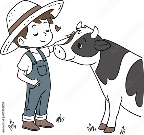 A funny cartoon of a happy black and white cow with an udder standing on a farm