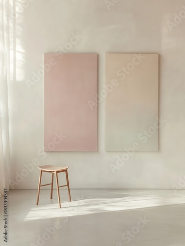 Two abstract canvases, soft pastel hues, on a white wall.  A light-wood stool stands in the room