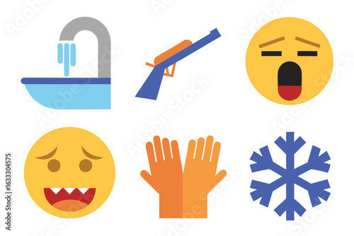 Faucet water gun yawning face monster face gloves snowflake vector