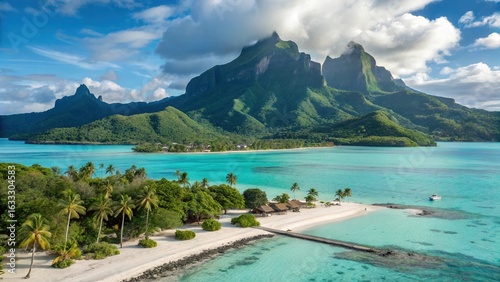 Breathtaking aerial view of bora bora with turquoise lagoon and lush green mountains