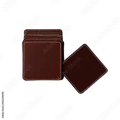 Stack of rich brown leather square coasters with white contrast stitching, one separated on a black background.