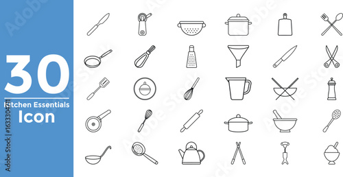 30 Kitchen Essentials Line Icons Set With White Background food cooking