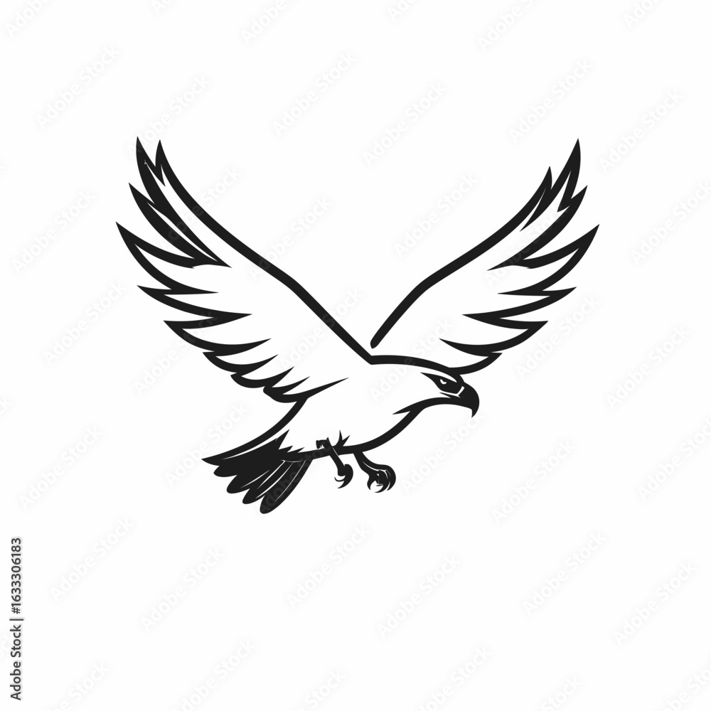 Fototapeta premium Black and White Line Art of a Hawk in Flight, Wings Spread Wide, Talons Extended