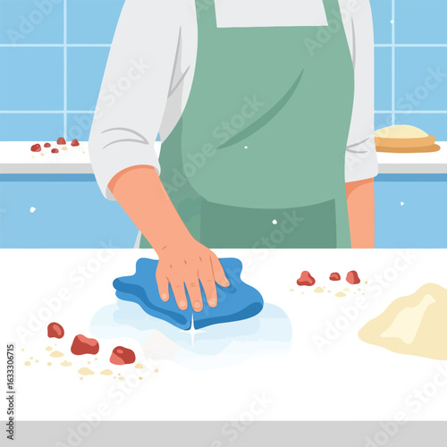 Person Cleaning Kitchen Counter with a Rag After Food Preparation