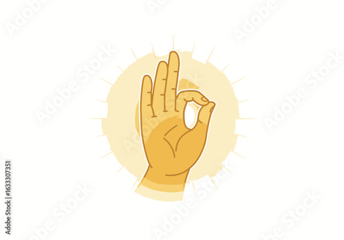 A golden hand makes the OK gesture radiating light against a white background