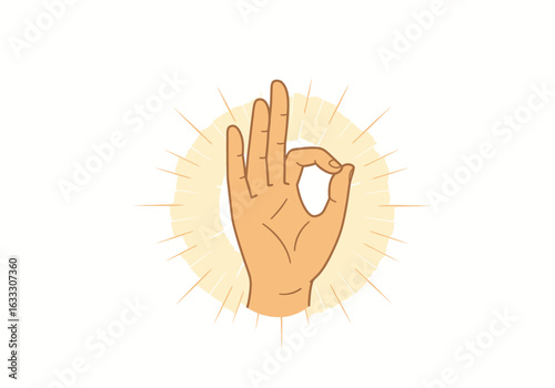 A hand forms an OK gesture against a radiant golden glow