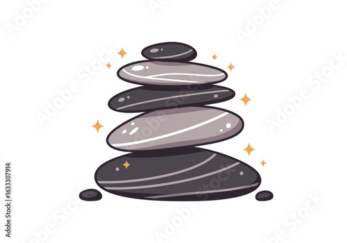 A stack of smooth gray stones balanced on each other with sparkles on a white backdrop
