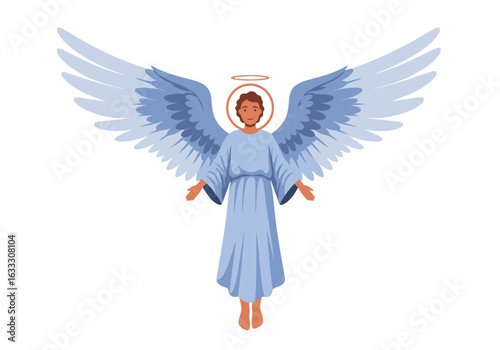 Angelic figure with large wings halo above head in lightblue gown arms extended