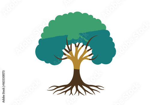 Cartoon tree with a brown trunk roots gold branches  layered green crown