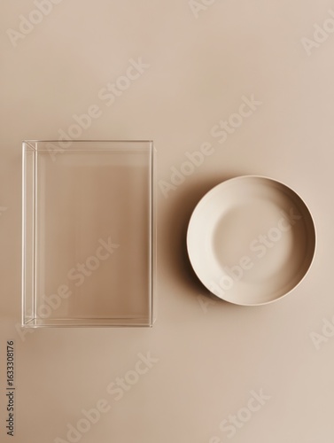 Beige backdrop, clear box, round plate