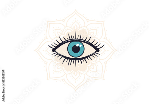 Centered blue eye with lashes on a mandala background
