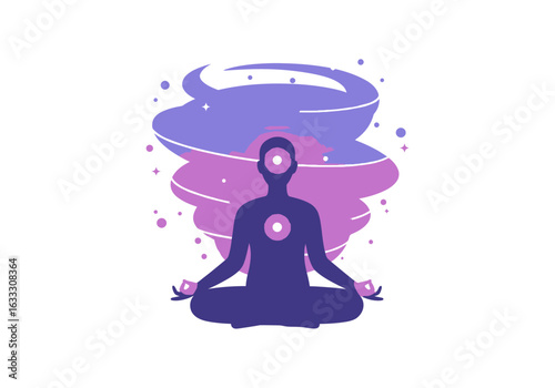 Figure meditating in lotus pose surrounded by swirling purple and violet colors