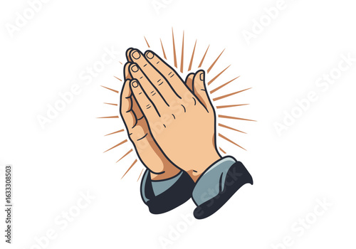 Hands clasped in prayer against a radial burst backdrop